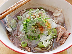 Fresh spicy noodles soup with pork and its tasty made-of-pig-blood thick broth Guay Tiao Rua photo