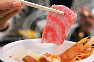 Closeup fresh Tuna sashimi or Maguro Otoro chutoro, premium raw fish of Japan. Japanese foods concept