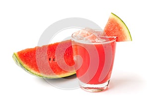 Closeup fresh water melon smoothie in glass and bottle on white