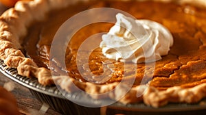 A closeup of a freshly baked pumpkin pie with a golden crust and dollop of whipped cream on top photo