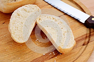 Closeup of a freshly cut bread roll