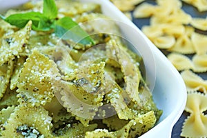 Closeup of Freshly Made Pesto Farfalle Pasta