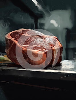 A closeup of a freshly steak with a background of labgrown meatproducing equipment.. AI generation