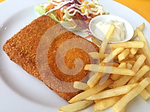 Closeup fried fish, chips and salad on a white dish. Horizontal