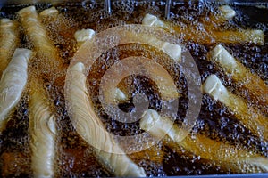 closeup of Fried puff strick in hot oil on the pan.
