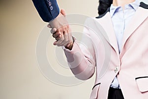 Closeup friendly meeting handshake between business woman and b