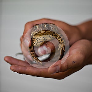 Closeup of a frog with black spots being held in a hand