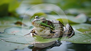 Closeup of a frog sitting on a lily pad in a murky polluted pond. Its skin appears discolored and pitted evidence of the