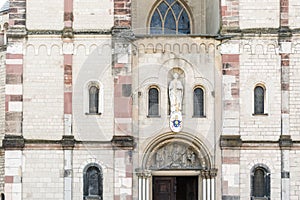 Closeup of the front face of the Basilica of Saint Castor in Koblenz, Germany