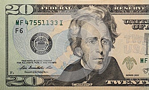 Closeup of front side of 20 dollar