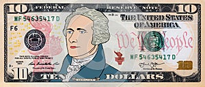Closeup of front side of colorized 10 dollar banknote