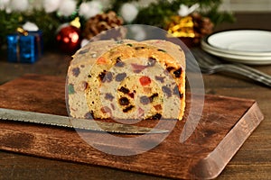 Closeup front view light christmas fruit cake