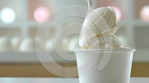 A closeup of a frosty ice cream container with a s stuck halfway in and a bite taken out photo