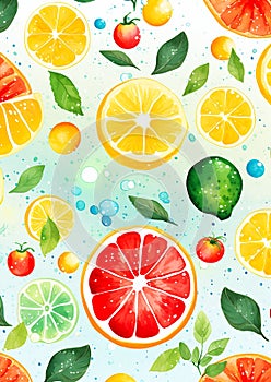 Closeup of fruit slices on blue background: scenic lemonade bota photo