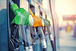 Closeup fuel nozzles dispensing petrol and diesel at station