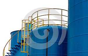 Closeup fuel storage tank in petroleum refinery. Blue big tank of oil storage. Fuel silo. Liquid petroleum tank. Petroleum oil