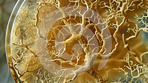 A closeup of a fungal colony on a petri dish shows the intricate branching patterns of the hyphae reminiscent of a photo