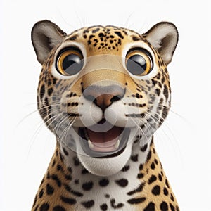Closeup Funny Portrait of surprised Jaguar with Huge Eyes on solid white background, wide angle shot. ai generative