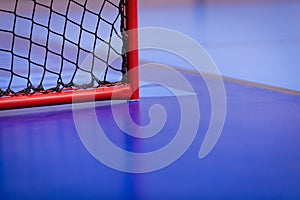 Closeup on Futsal Goal and Net with Futsal Field in the Background