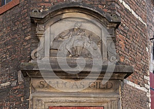 Closeup of the Gable Stone for S. Lucas Gild, Waag House, Amsterdam, The Netherlands