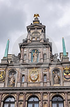 Closeup of Gable top of City Hall, Antwerp, Belgium
