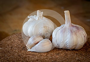 Closeup of garlic bulb and cloves on a round cork board