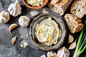 Closeup of garlic creamy butter with herbs and rosemary for sandwiches and steak as background