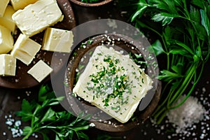 Closeup of garlic creamy butter with herbs and rosemary for sandwiches and steak as background