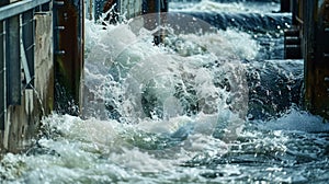 A closeup of a gate opening releasing a rush of water towards the turbines