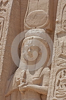 Closeup of giant statue showing Nefertari at Abu Simbel temple