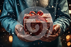 closeup of gift in Santa\'s hands, outdoor, evening street, festive lights, Christmas or New Year holidays