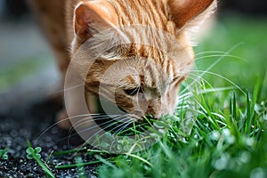 closeup of a ginger cat eating green grass