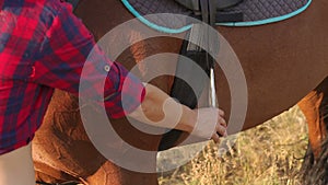 Closeup girl puts foot in the stirrup on the horse