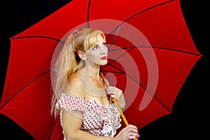 Closeup of Girl with Red Umbrella