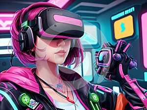 Closeup of Girl Wearing VR Headset Illustrations in 4k Cyberpunk World. generative AI