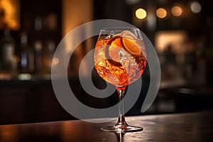 Closeup glass of aperol spritz cocktail decorated with orange at bar background. Generative AI