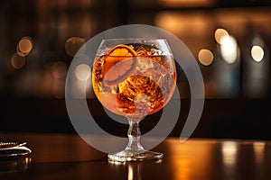 Closeup glass of aperol spritz cocktail decorated with orange at bar background. Generative AI