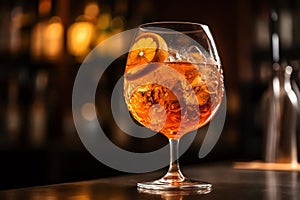 Closeup glass of aperol spritz cocktail decorated with orange at bar background. Generative AI