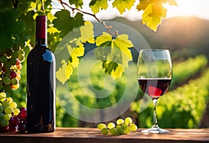 Closeup of a glass and bottle of tasteful red wine among green leaves and red grapes, AI-generated