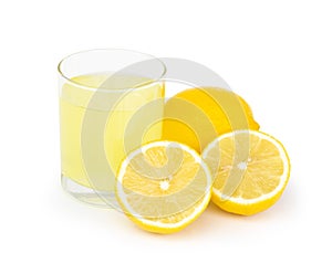 Closeup glass of lemon juice drink isolated on white background, food heathy concept