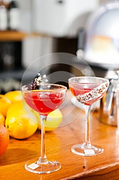 Closeup glass of orange alcoholic cocktails decorated with citrus slices