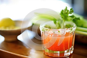 closeup of glass rim with salt, tomato juice, celery stick inside