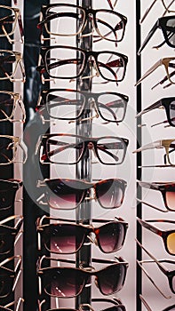 Closeup of glasses and sunglasses on display rack