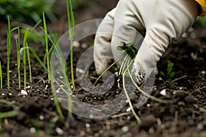 closeup of gloved hand plucking weeds from soil