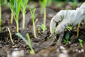 closeup of gloved hand plucking weeds from soil