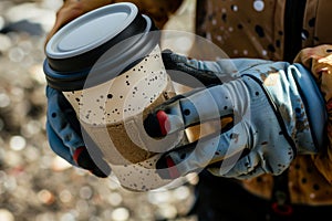 closeup of gloved hands holding a spillproof astronaut coffee cup