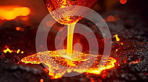 A closeup of glowing redhot molten silicon being poured into a mold as part of the production process for solar panel