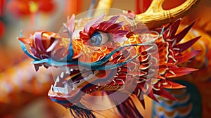 Closeup of a gold dragon statue with red and green details and white sharp teeth at a temple with gold details