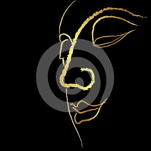 Closeup golden buddha face sketching vector design over black background
