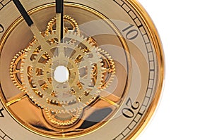 Closeup golden clock with gears